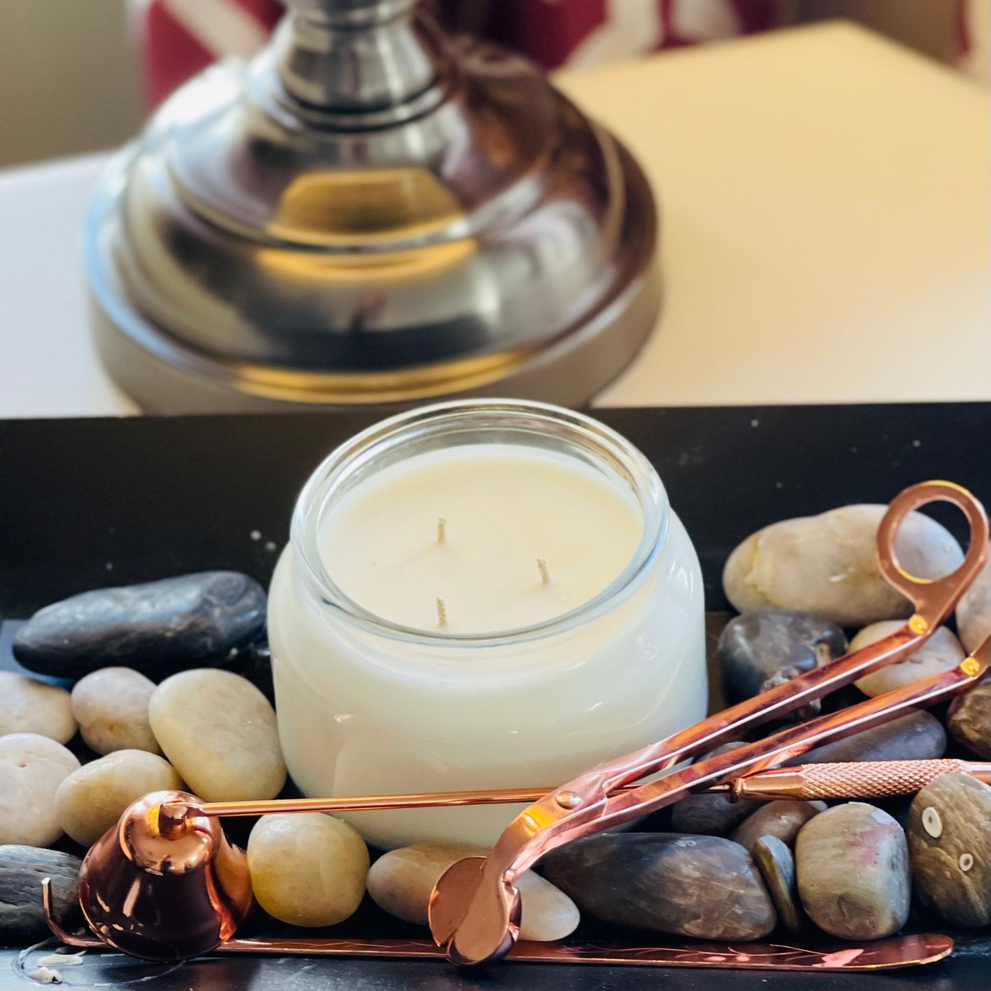 Scented soy candle in 10 oz vessel. Looking from the top of the candle